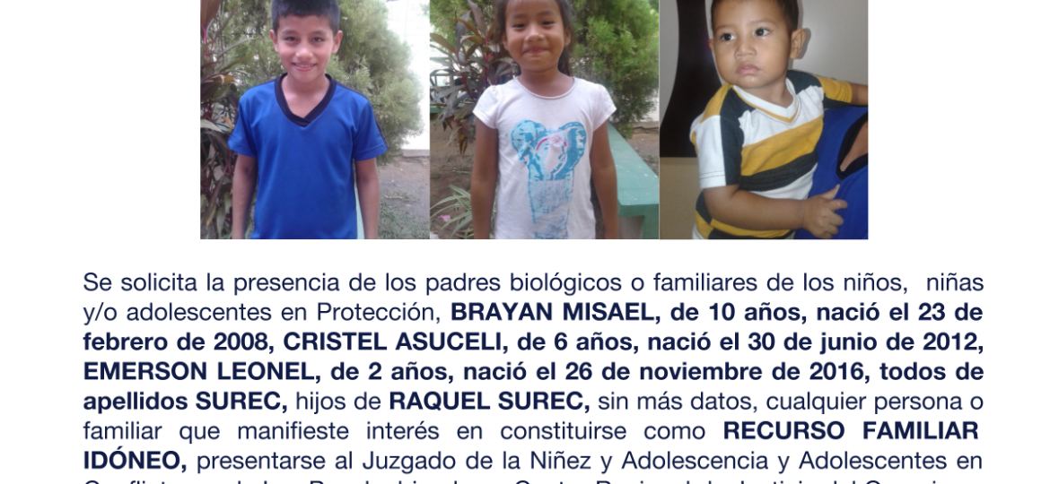 BRAYAN MISAEL, CRISTEL ASUCELI, EMERSON LEONEL todos de apellidos SUREC