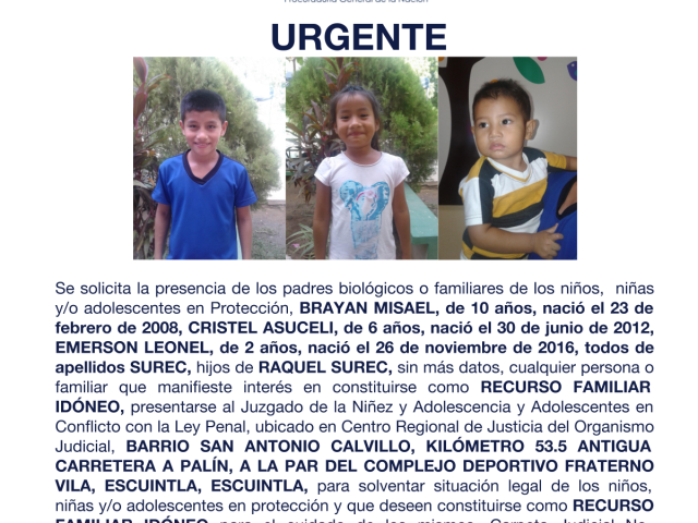 BRAYAN MISAEL, CRISTEL ASUCELI, EMERSON LEONEL todos de apellidos SUREC