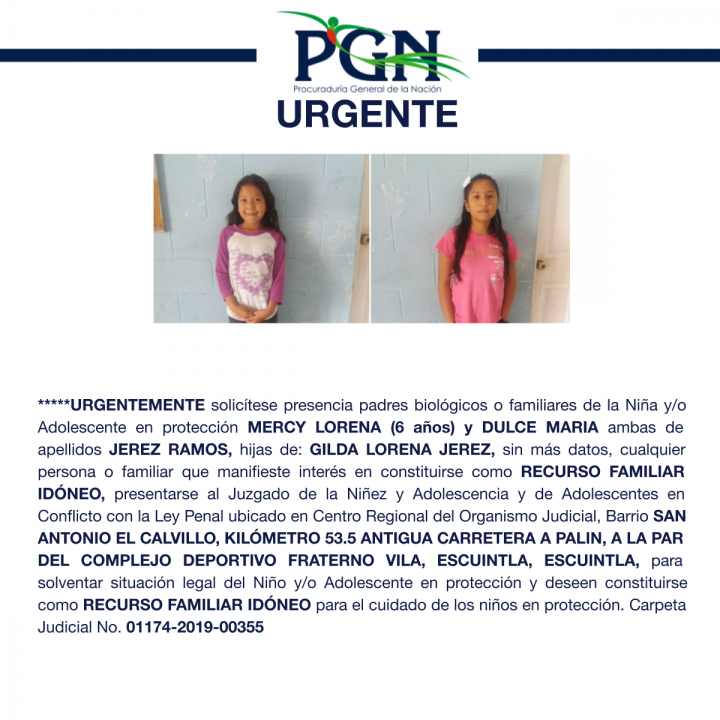 MERCY LORENA (6 años) y DULCE MARIA Procuraduría General de la Nación PGN