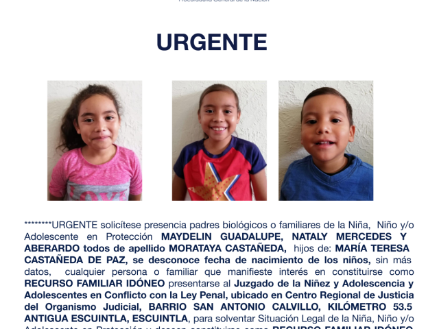 MAYDELIN GUADALUPE, NATALY MERCEDES Y ABERARDO todos de apellido MORATAYA CASTAÑEDA