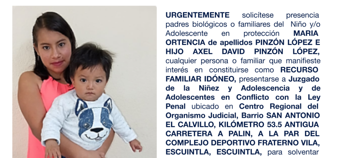 MARIA ORTENCIA de apellidos PINZÓN LÓPEZ E HIJO AXEL DAVID PINZÓN LÓPEZ