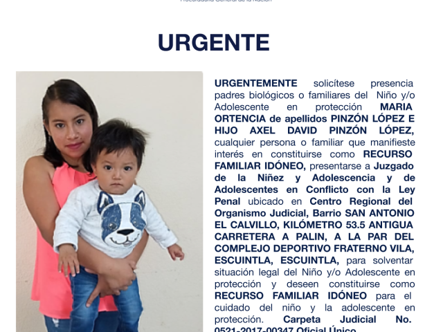 MARIA ORTENCIA de apellidos PINZÓN LÓPEZ E HIJO AXEL DAVID PINZÓN LÓPEZ