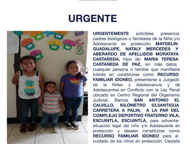 MAYDELIN GUADALUPE, NATALY MERCEDES Y ABERARDO DE APELLIDOS MORATAYA CASTAÑEDA